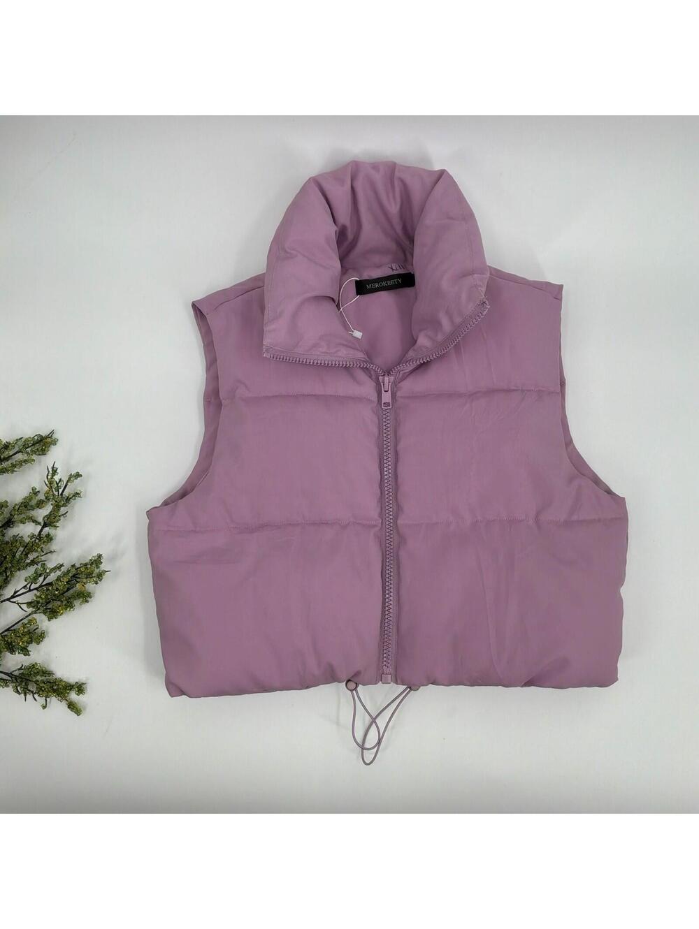 Lavender Cropped Puffer Vest Pastel Purple Merokeety Size S - Picture 1 of 6
